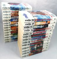 28 * Raija, nr 1-28 : 1. Främmande fågel / 2. Brustna vingar / 3. Huldreplatsen / 4. Fogdens brud / 5. Huset vid havet / 6. Frihetens bojor / 7. Skeppet från öst / 8. Trollkvinna / 9. Rotlös / 10. Tidevarv / 11. Under främmande himmel / 12. Vildrosor / 13. Fadersarvet / 14. I skuggan av Raija / 15. 'Blodspår över vidderna / 16. Farliga flammor / 17. Vingklippt / 18. Dödens sändebud / 19. Ödesnatten / 20. Frostnätter / 21. I sorgens skuggor / 22. Mannen med masken / 23. Guldfågeln / 24. I främmande fotspår / 25. Myteriet / 26. Fredlös / 27. Tsarinnan / 28. Schamanens dotter