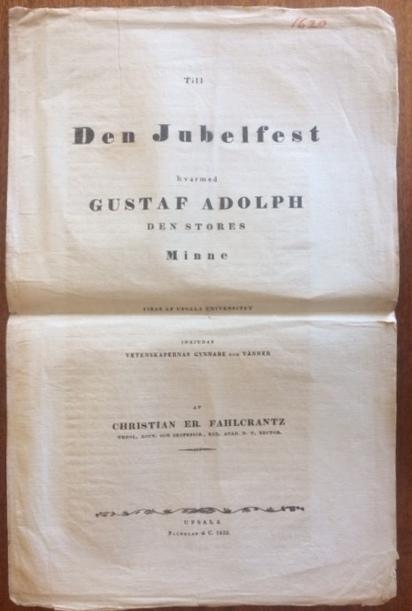 Inbjudan till Den Jubelfest varmed GUSTAF ADOLPH, den stores Minne firas.